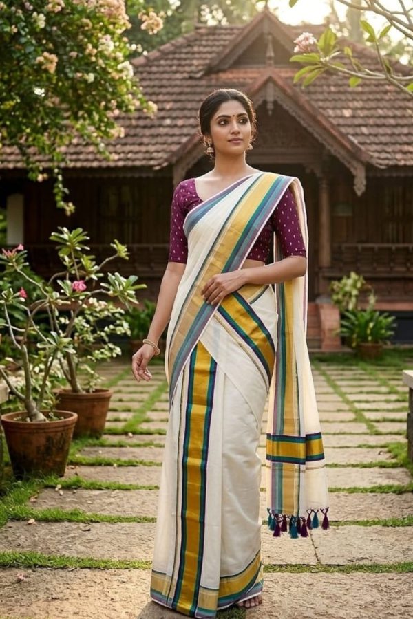 Tissue Silk Set Mundu In Teal & Purple Shade