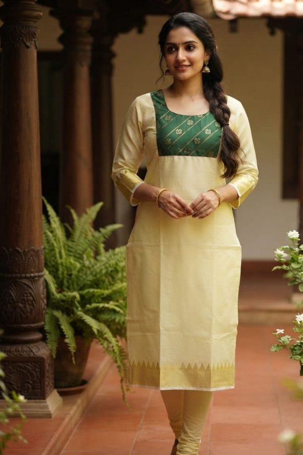 Tissue Silk Gold & Green Slitted Kurti