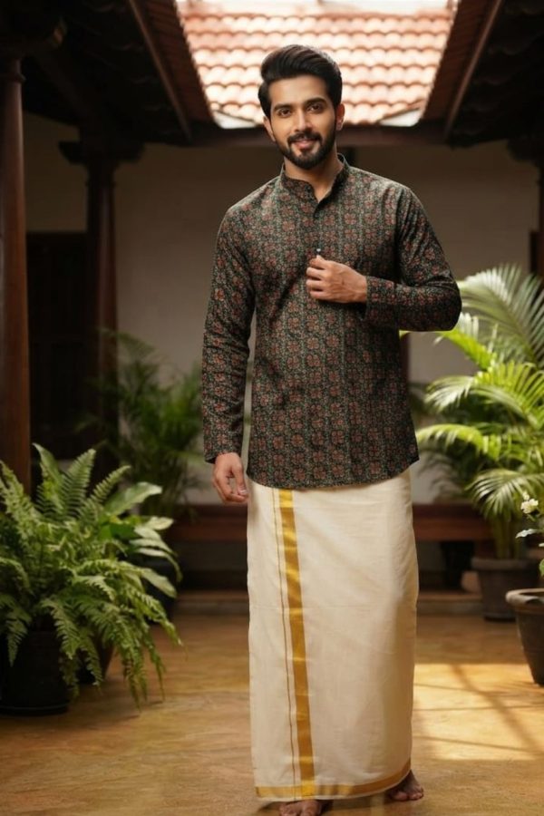 Bottle Green Ajrakh Print Kurta