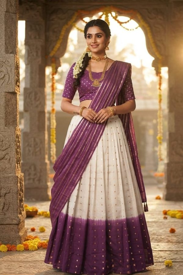 Purple & White Zari Work Dhavani set