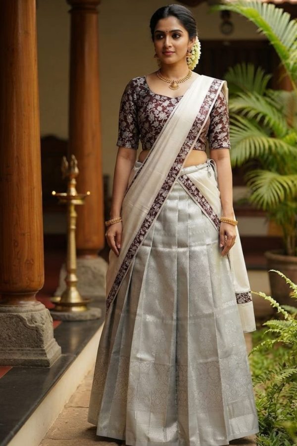 Silver & Brown Tissue Silk Dhavani Set