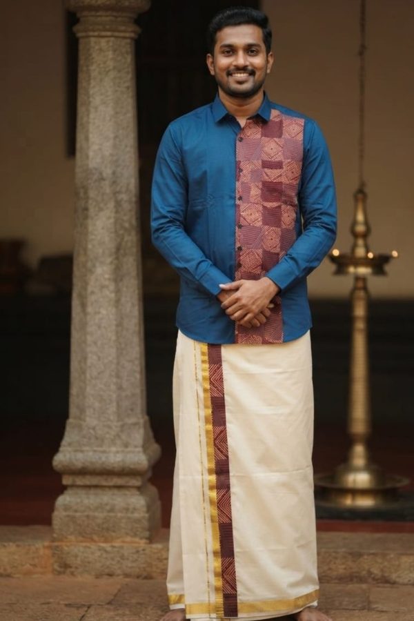 Blue Half & Half Ajrakh Print Men's Shirt & Mundu Combo