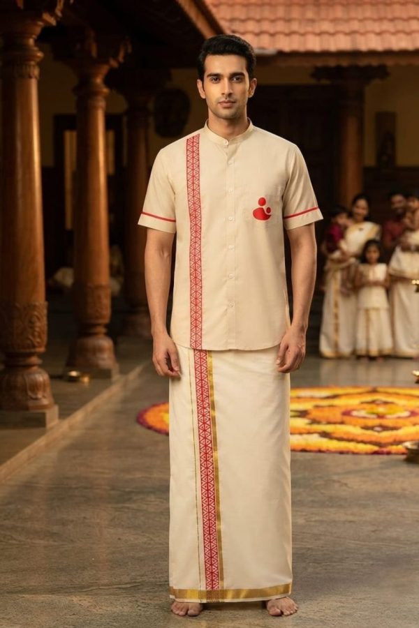 Men's Khadi Cotton Shirt & Mundu Combo With Digital Print