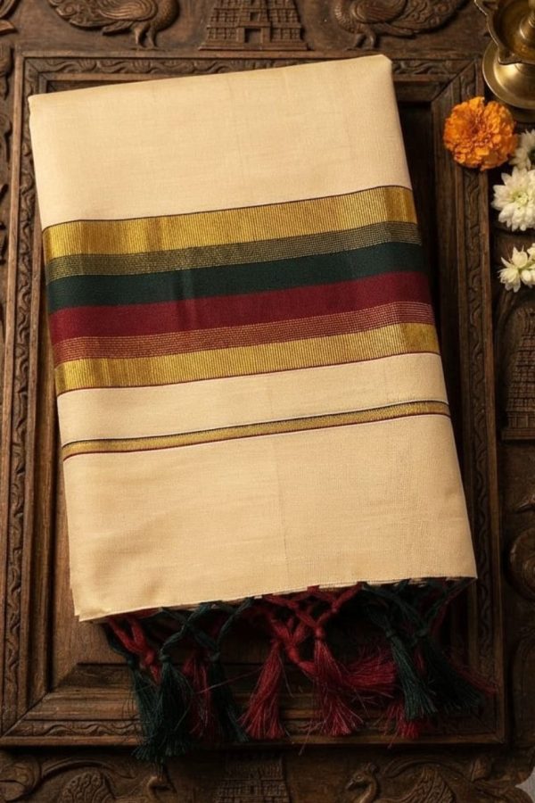Golden Tissue Silk Saree With Green & Red Borders