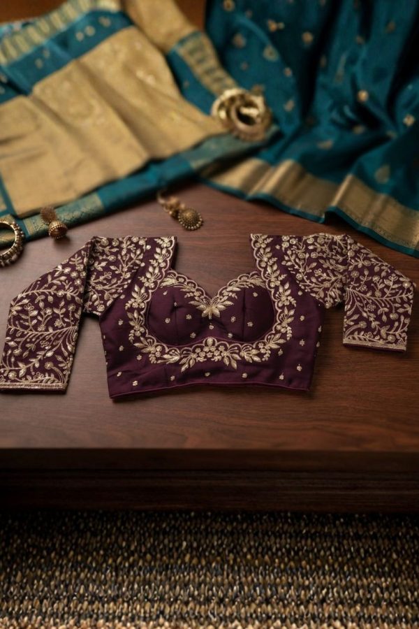 Wine Embroidery Silk Blouse