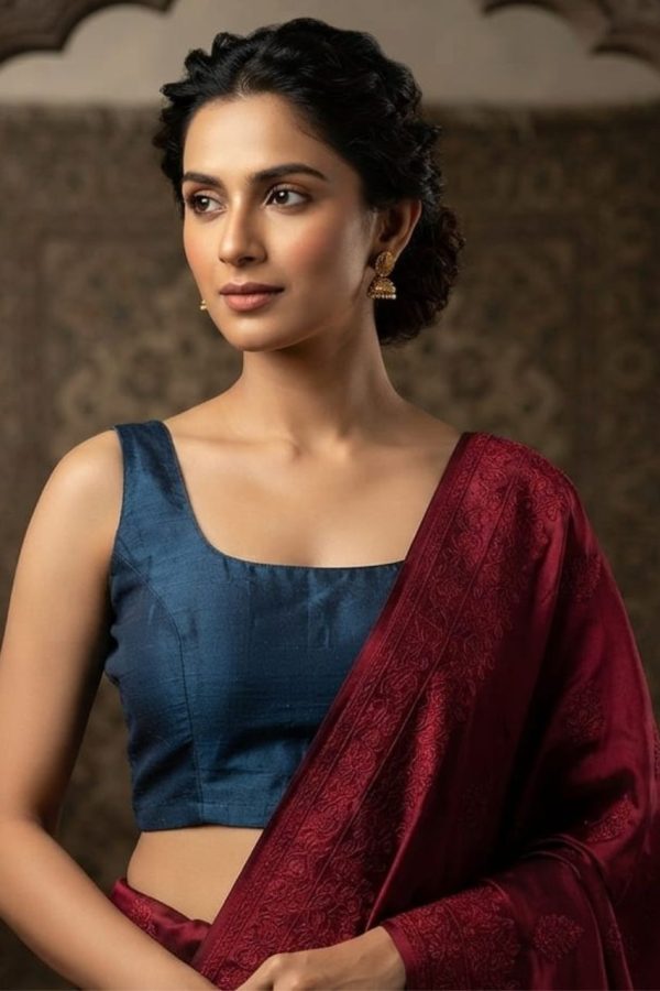 Dark Teal Readymade Silk Blouse