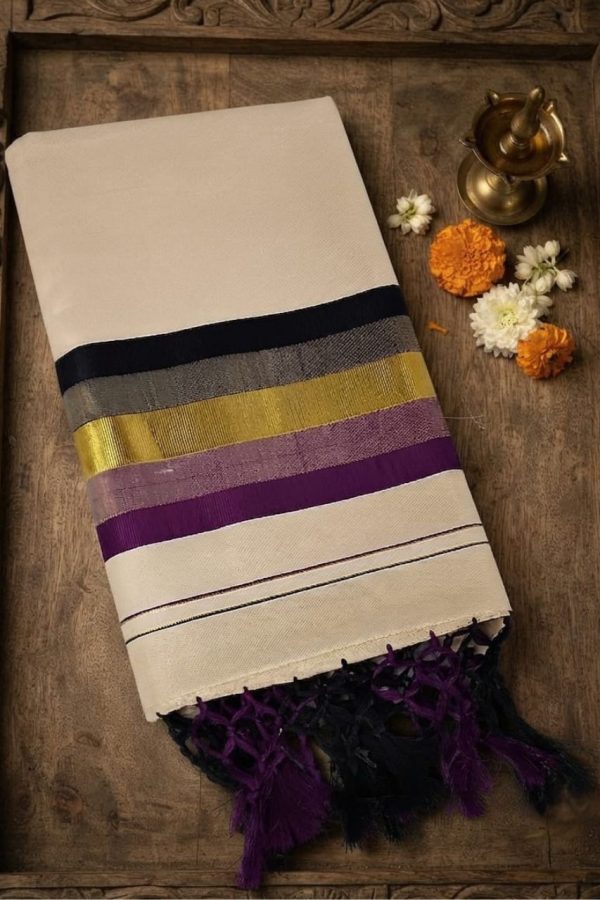 Golden Tissue Silk With Black & Purple Border