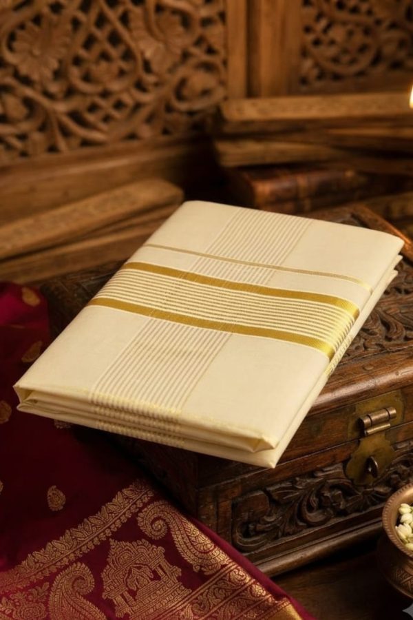 Golden Tissue Silk Small Square Stripe Line Set Saree