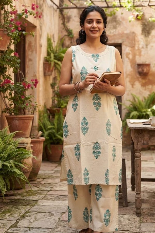 Khadi Off White With Teal Print Coord Set