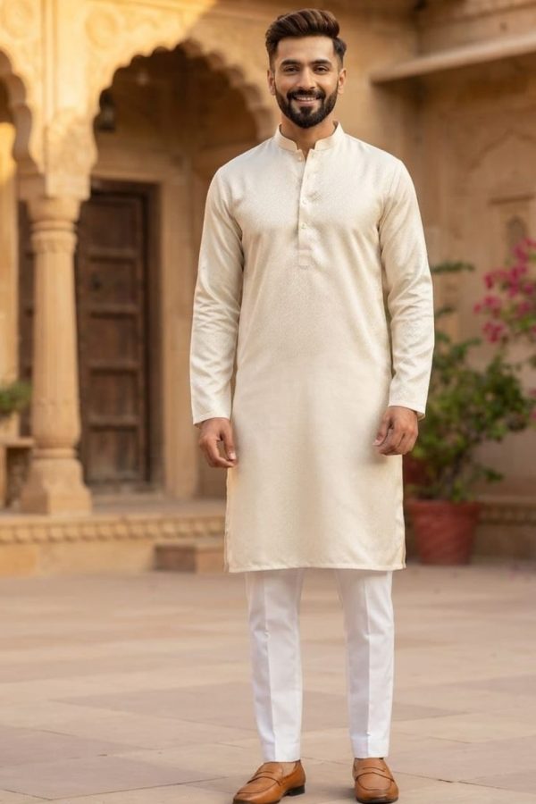 Beige Soft Silk Embroidery Kurta