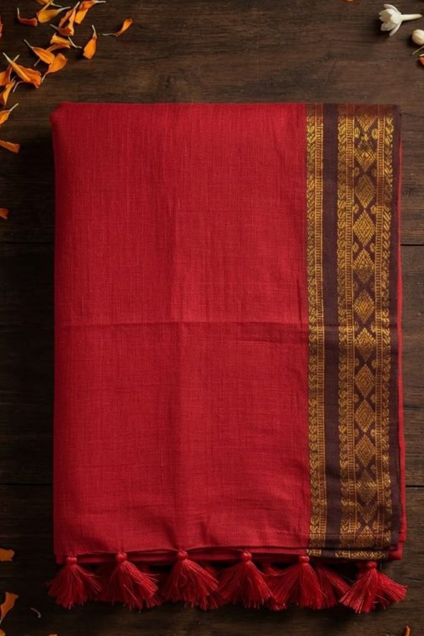 Red Mul Cotton Saree With Maroon Border With Zari Work