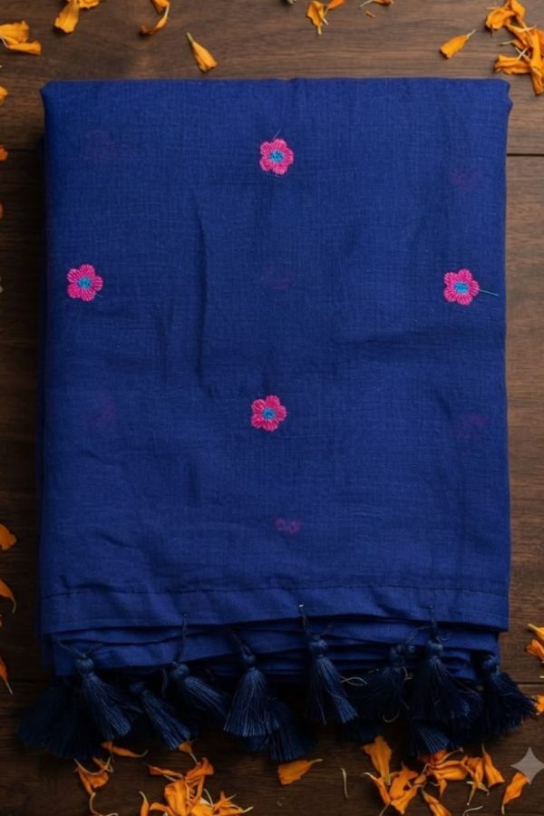 Blue Floral Embroidery Saree With Finished Tassels