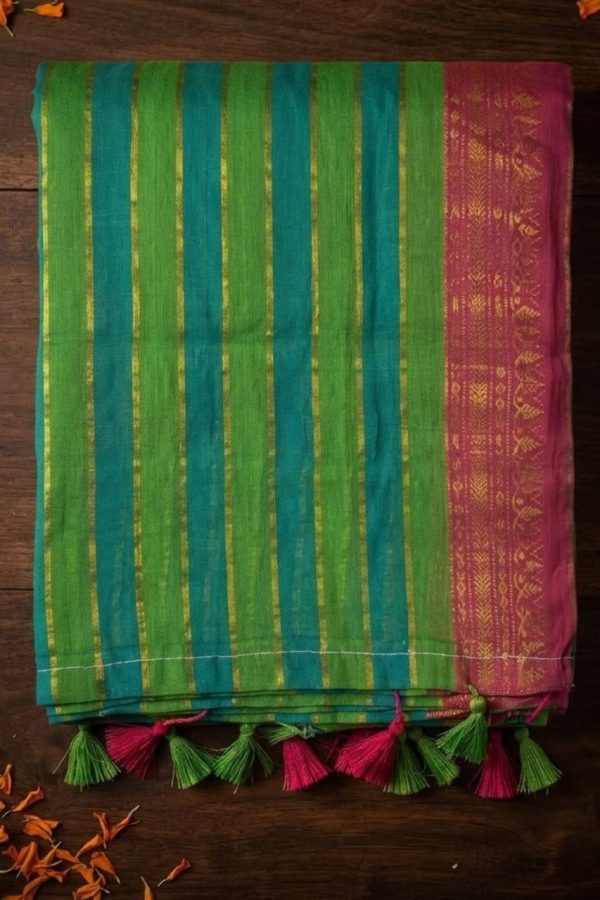 Dual Shade Mul Cotton Saree With Green & Teal Shade