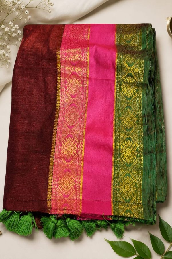 Maroon Mul Cotton Saree With Rani pink & Green Border