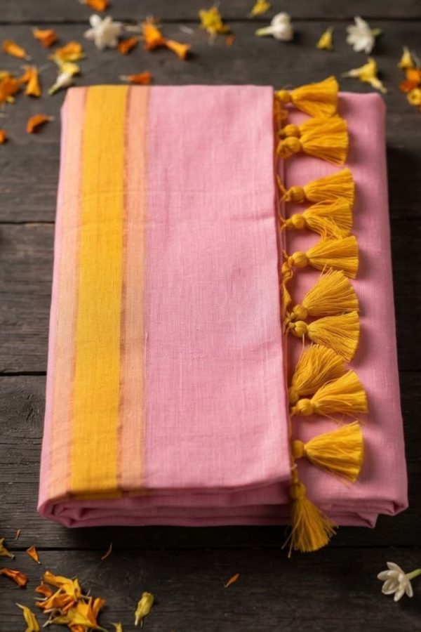 Baby Pink Mul Cotton Saree With Yellow Border
