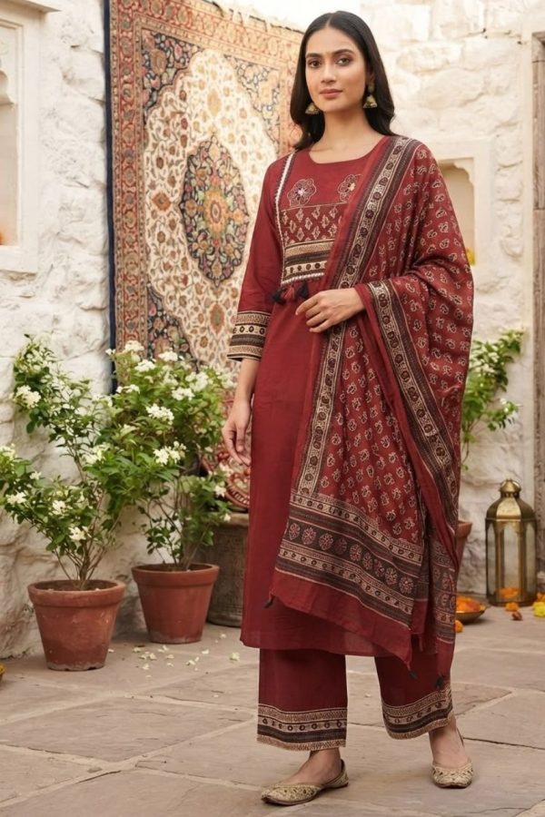 Maroon Shade Cotton Salwar Suit Set With Dupatta