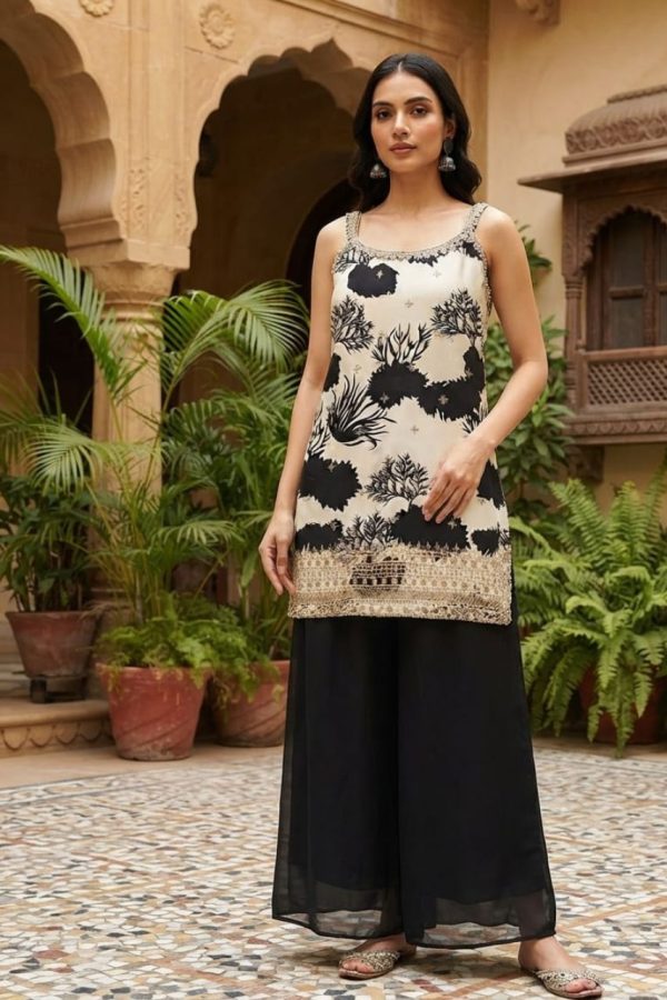 Black & White Sequins Work Palazzo Suit Set