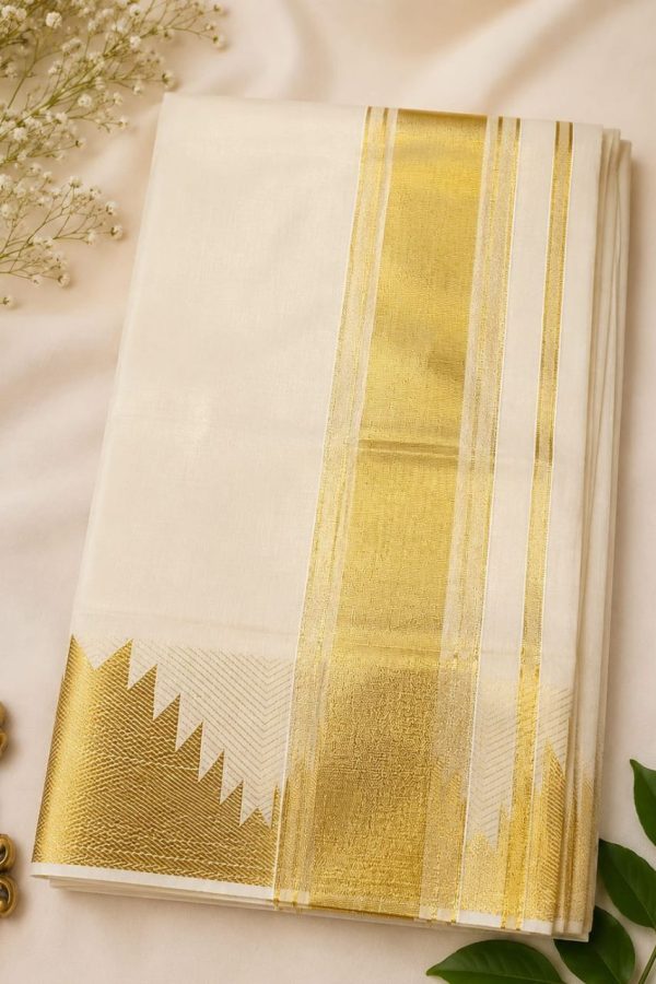Golden Tissue Silk Saree With Temple Design In Golden Border