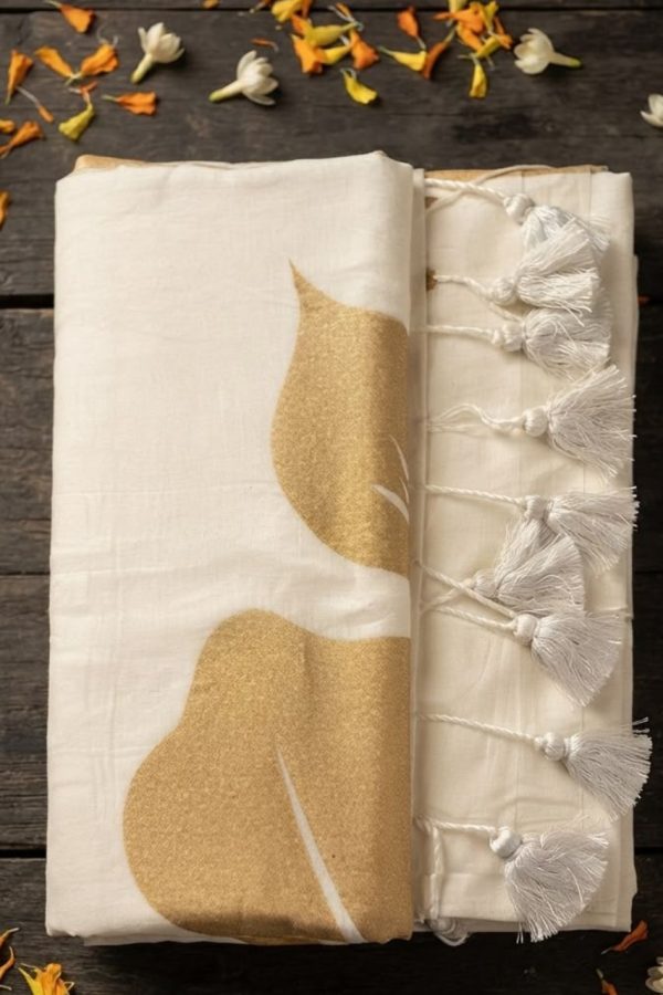 White Floral Hand Painted Mul Cotton Saree With Finished Tassels