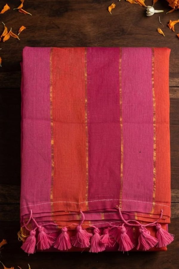 Orange & Rani Pink Mul Cotton Saree With Finished Tassels