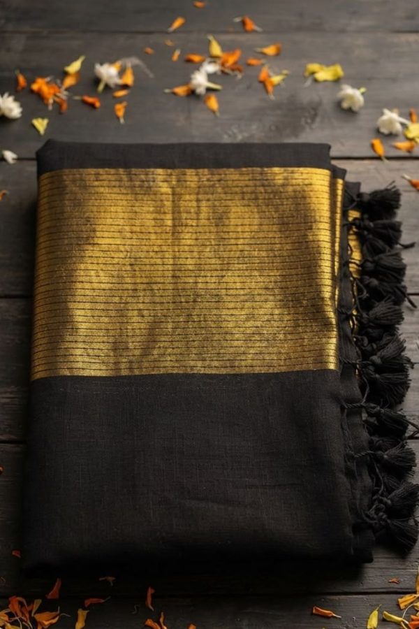 Black Saree With Golden Zari Lines & Handmade Tassels