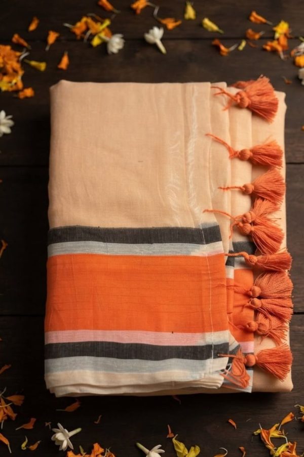 Pastel Orange Shade Mul Cotton Saree With Orange Border