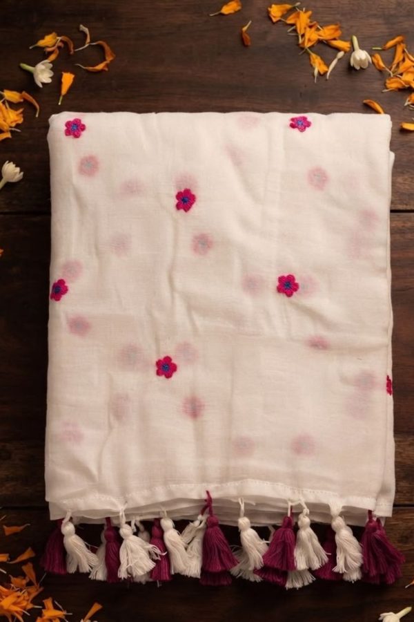 White Floral Embroidery Saree With Finished Tassels
