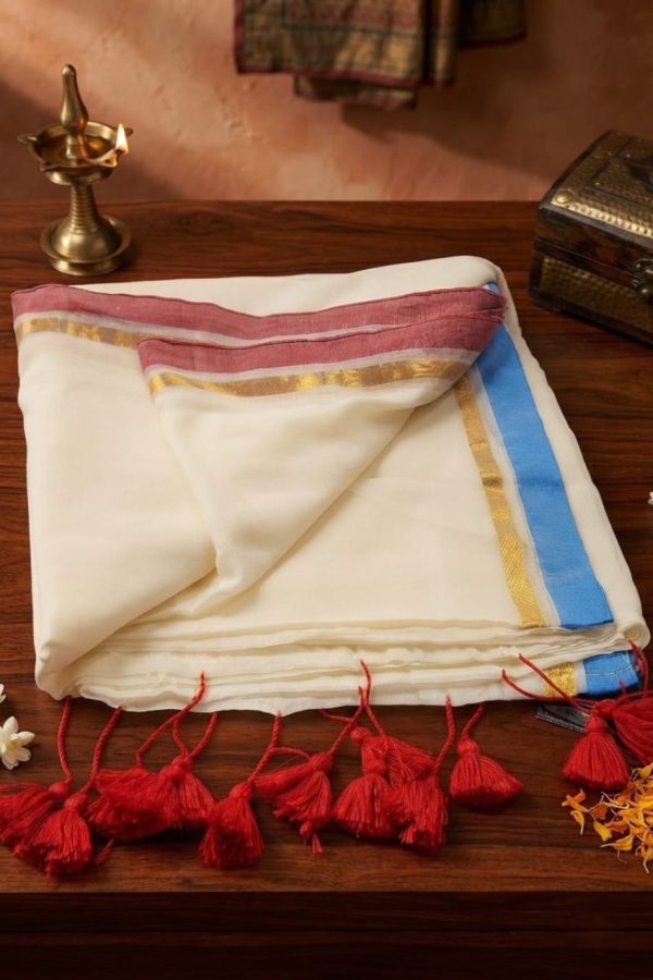 Cream Mul Cotton Saree With Red & Blue Borders