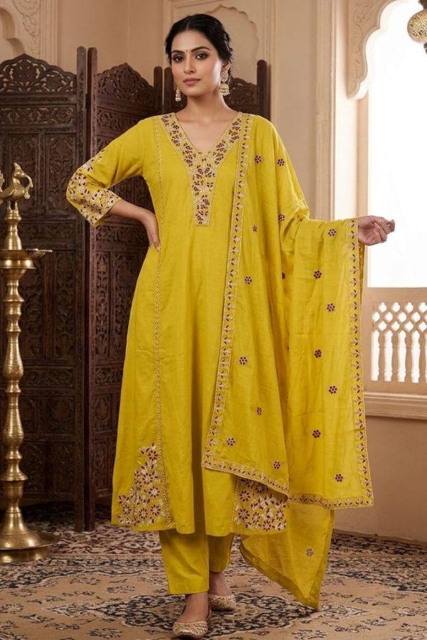 Mustard Yellow Mul Chanderi Embroidery Anarkali Suit Set
