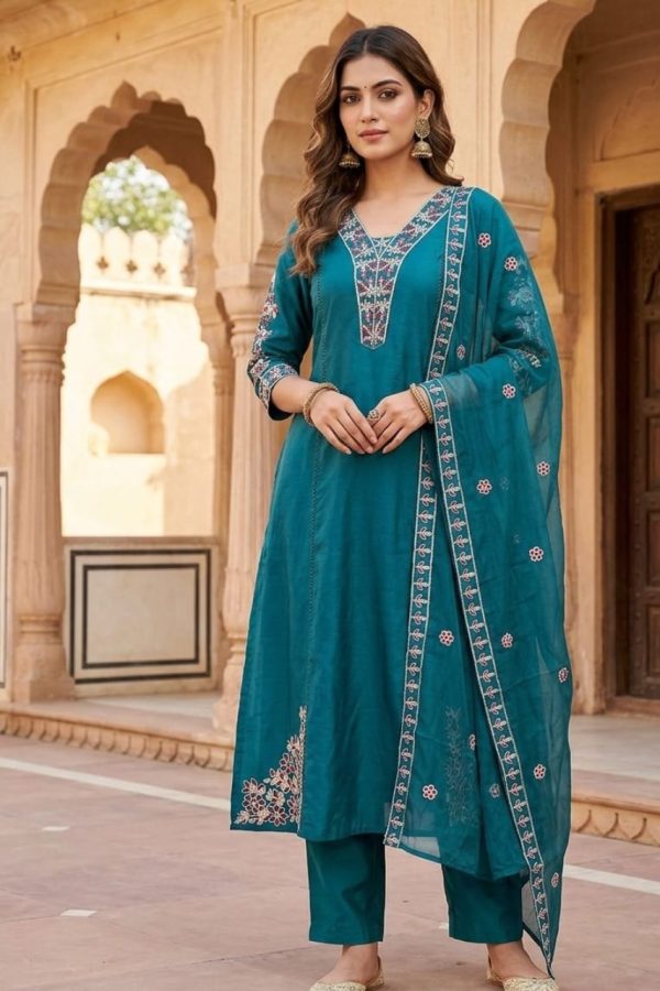 Teal Shade Embroidery Mul Chanderi Anarkali Suit Set