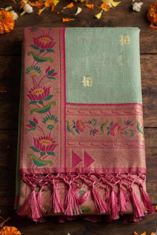 Light Pista Green Paithani Work Saree With Rani Pink Border
