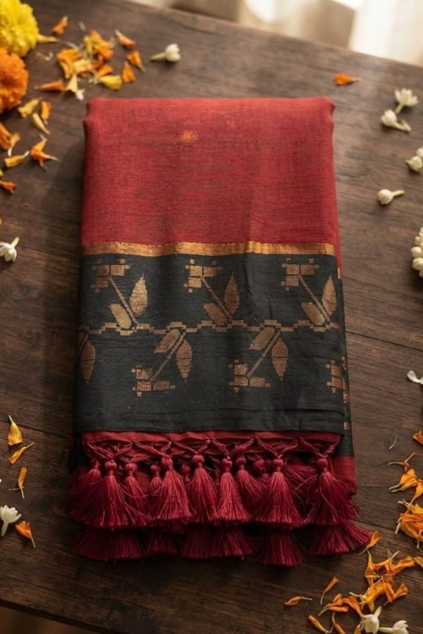 Burgundy & Black Mul Cotton Saree with Floral Zari Work