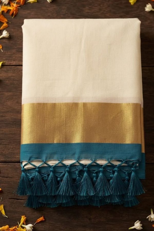 Golden & Teal Shade Zari Border With Finished Tassels