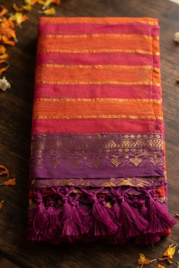 Orange & Red Stripe With Purple Golden Zari Border Saree