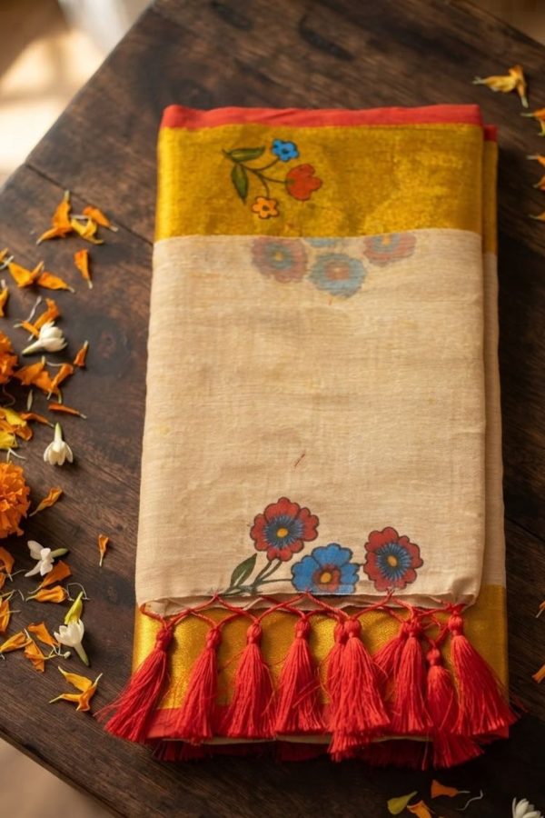 Golden Mul Cotton Saree With Floral Digital Prints