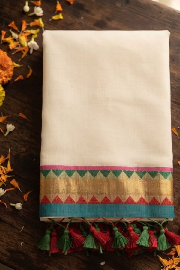 Off White Dual Border Green & Rani Pink In Temple Design