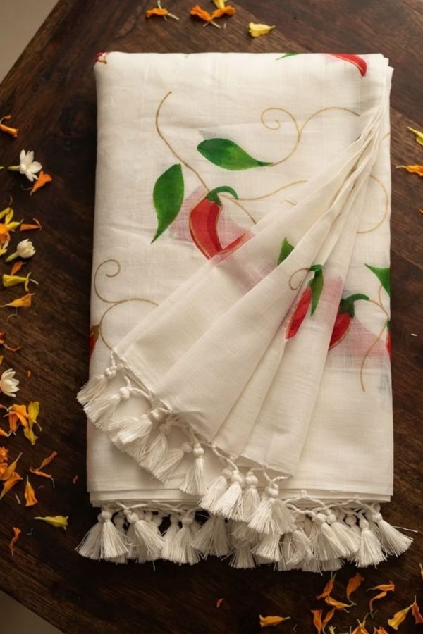 Red Tulip Flower Hand Painted Mul Cotton Saree