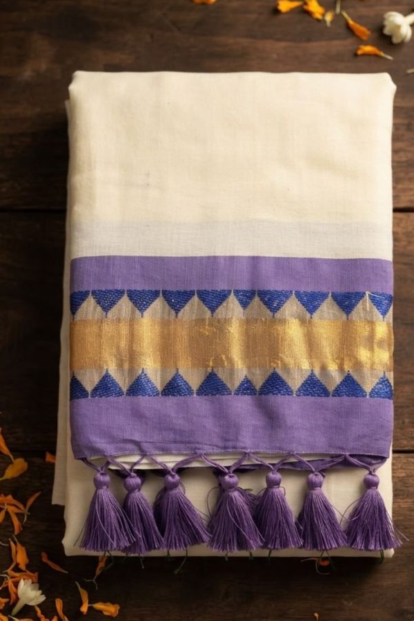 Off White Mul Cotton Saree With Purple Border
