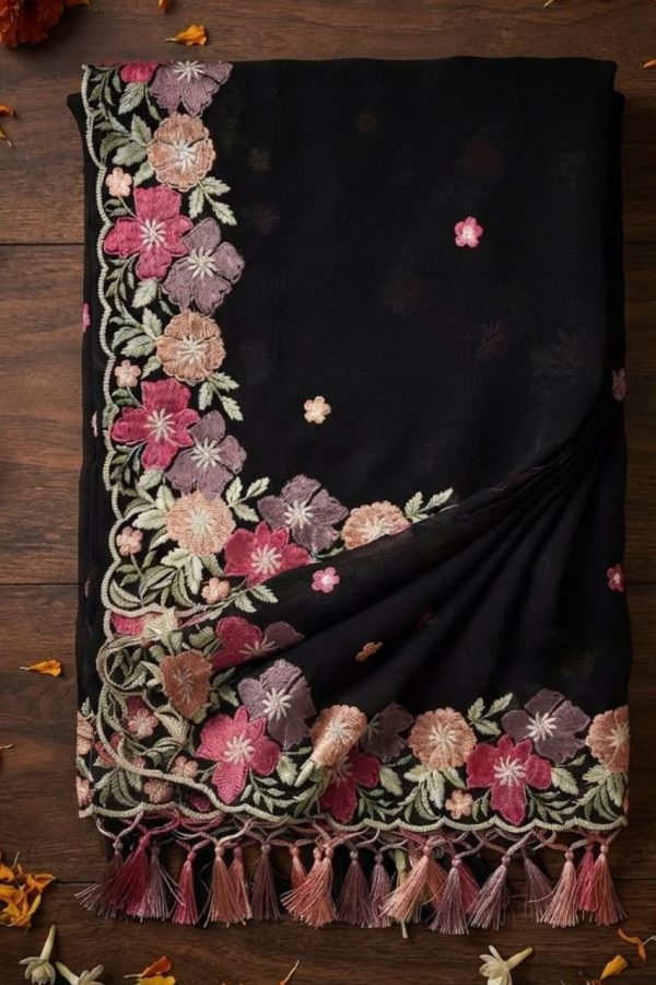 Black Shade Floral 3D Work Organza Saree With Embroidery Blouse