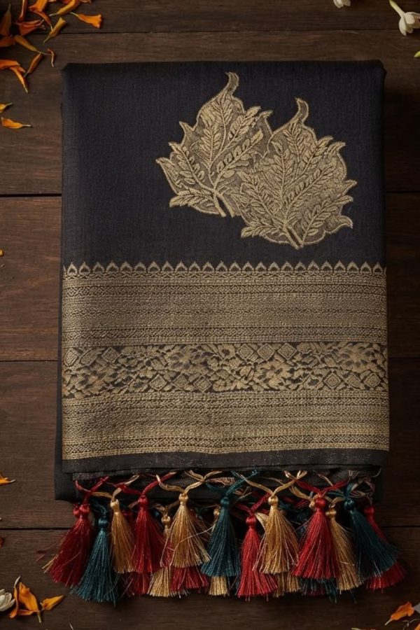 Black Golden Zari Work Semi Banarasi Silk Saree