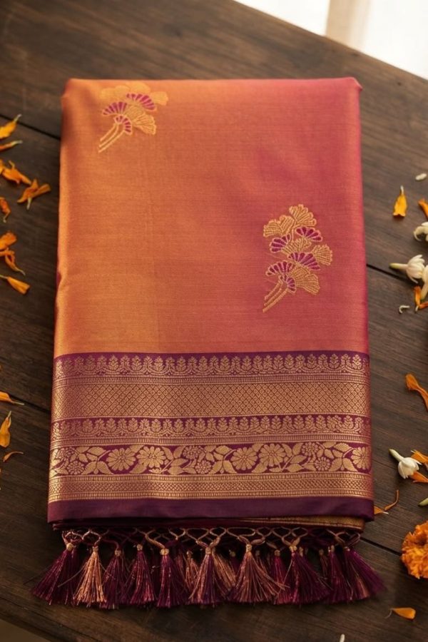 Orange Shade Soft Silk Banarasi Weave Saree With Finished Tassels