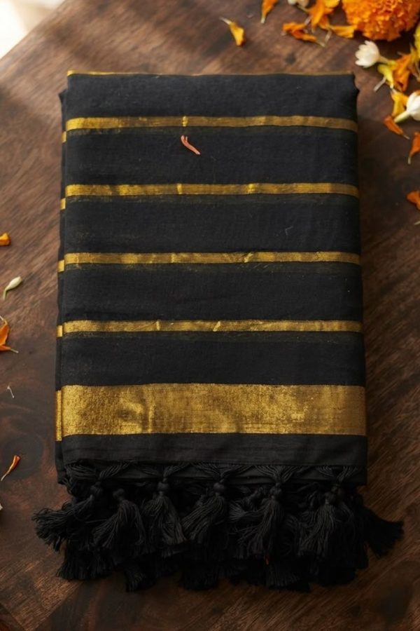 Black Mul Cotton Saree With Golden Lines & Borders