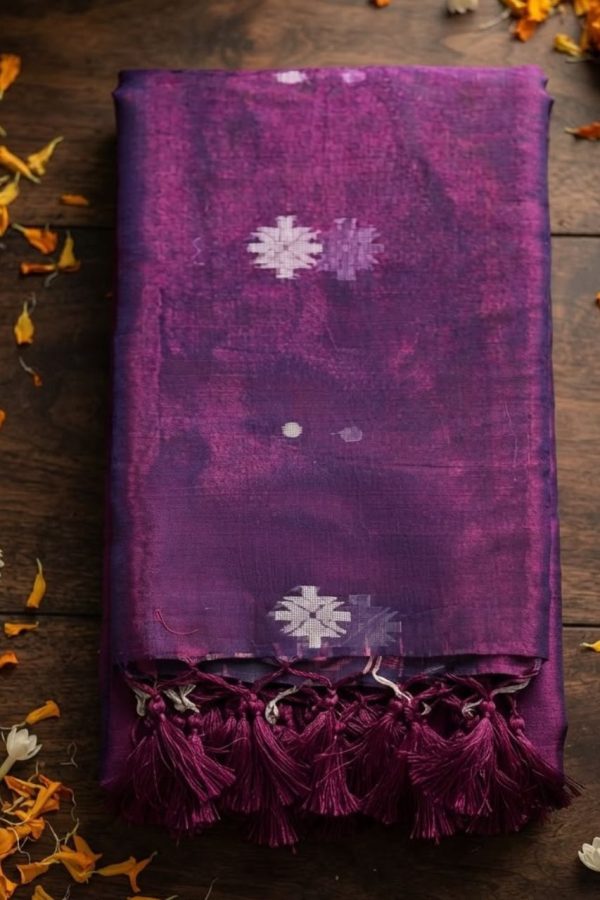 Purple Tissue Silk Jamdani Work Saree With Finished Tassels