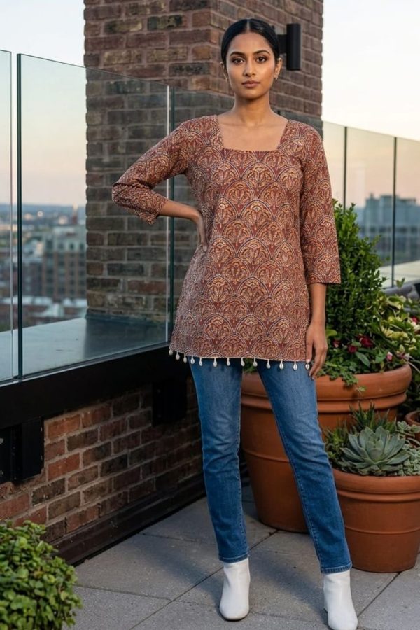 Brown Printed Cotton Kurta