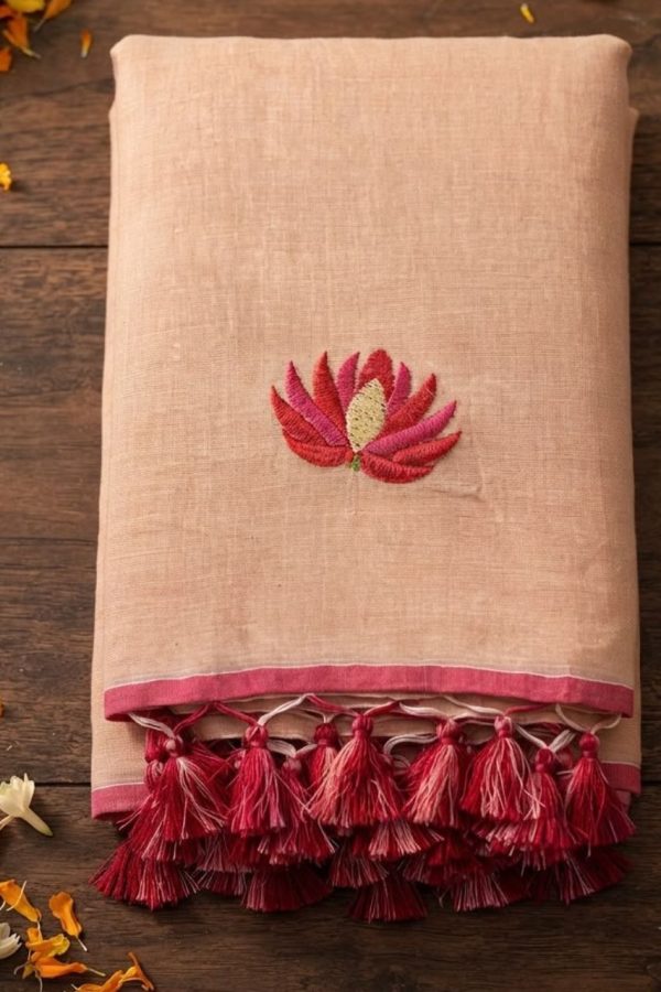 Peach Mul Cotton Saree With Lotus Embroidery Work With Tassels