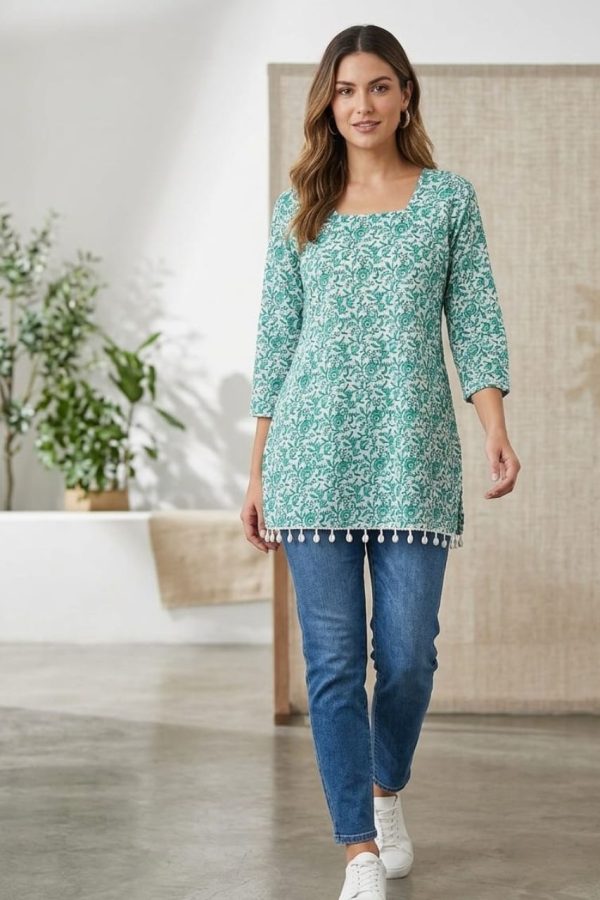 Teal Shade Printed Cotton Kurta