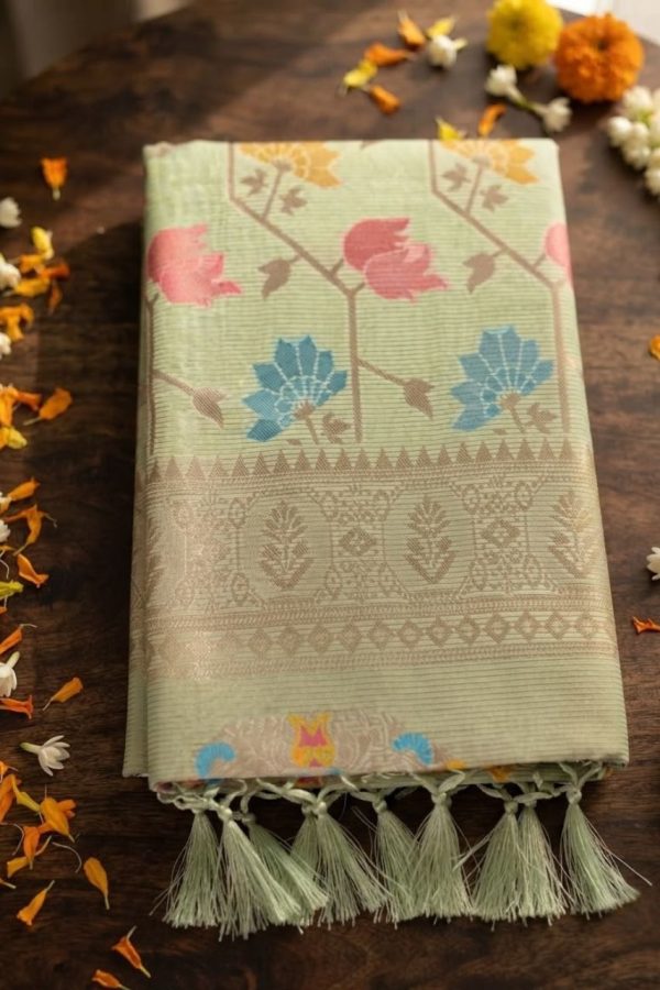 Light Pista Green Saree With Floral Embroidery Work