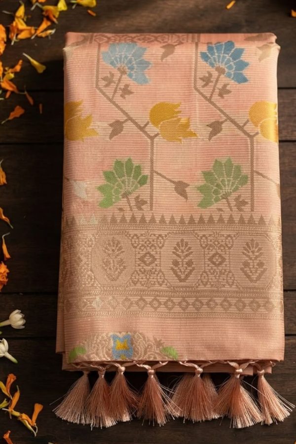 Peach Banarasi Katan Silk Organza Saree With Finished Tassels