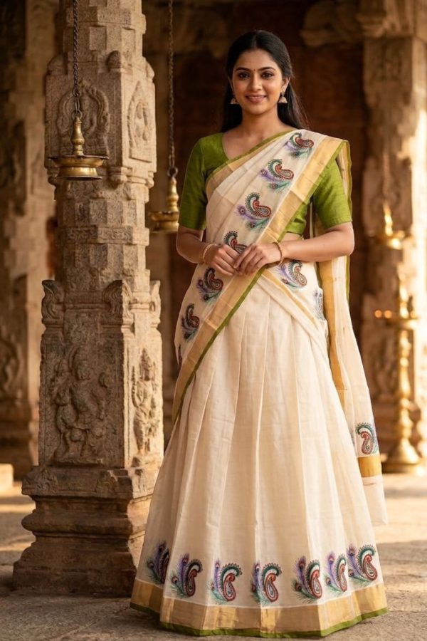 Golden Tissue & Green Mural Dhavani