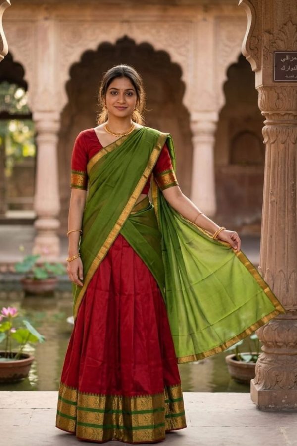 Red & Parrot Green Dhavani Set